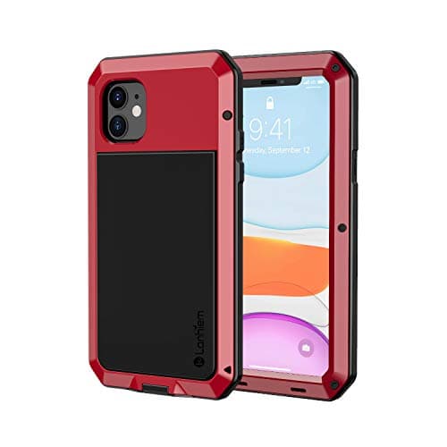 Image of Lanhiem for iPhone 11 Case, Heavy Duty Shockproof Tough Armour Metal Case with [Tempered Glass Screen Film], 360 Full Body Protective Case Cover for iPhone 11 -Red
