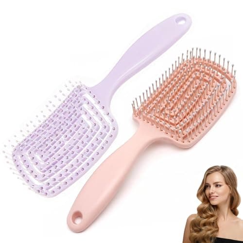Image of Pack of 2 Detangle Hair Brush,Curved Vent Brush and Hair Detangler, Easy Detangling Vented Hairs Styling Comb Salon for Long Thick Curly Straight Dry Wet Hair,Styling Hairs Brush (Pink+Light Purple)