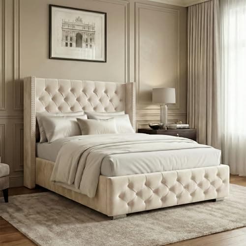 Image of Blisswood Ottoman Bed Frame, 4ft6 Double Bed Frames, Upholstered Ottoman Bed Frame, Wooden Slats Stylish and Space Saving Velvet Fabric Storage Bed (4ft6 Double Beige, No Mattress)