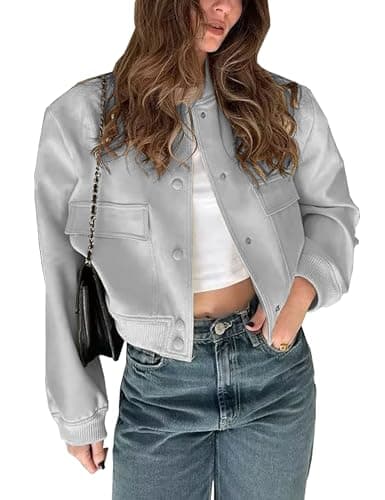 Image of Megfie Womens Cropped Bomber Jacket Button Down Varsity Jackets Shackets With Pockets, Greyblue, M