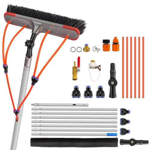 Image of 7m/23FT Aluminium Telescopic Cleaning Brush with Water Hose for Solar Panels, Water Fed Window Cleaning Pole Kit with180° Adjustable Angle, 35cm Brush Head & Accessories, Lightweight Washing Tool