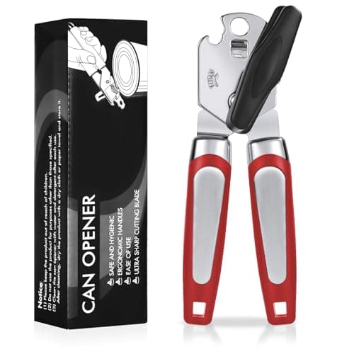 Image of Tin Opener, Lychico 3-in-1Can Opener Handheld Heavy Duty Stainless Steel Can Openers with Multifunctional Bottle Opener, Red