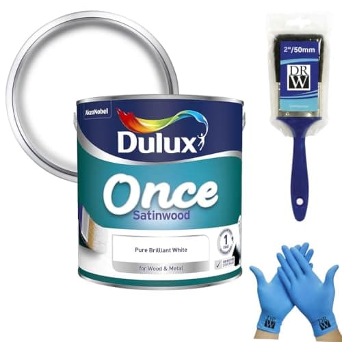 Image of SatinWood Once White 2.5L + 2" Brush and Disposable Gloves – Quick Dry Interior Wood & Metal Paint – Brilliant White Satin Finish – Durable Mid Sheen for Doors, Skirting Boards, Trim & Furniture