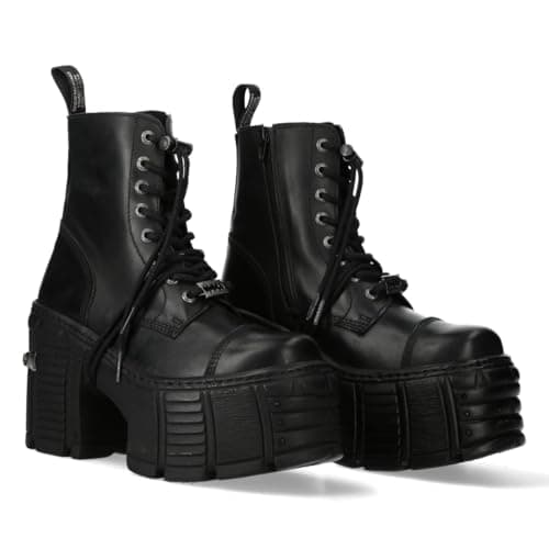 Image of CARAMBAShop New Rock Unisex Gothic Ankle Boots M.TM001-C4 Black Cowhide, Black/White, 9.5 UK