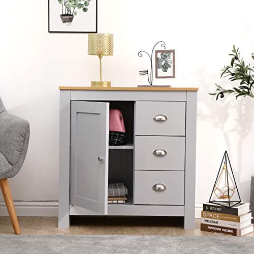 Image of Kingwudo® Furniture Multi Storage Unit Free Standing Cabinet 1 Door&3 Drawer Sideboard Cupboard Living Room Kitchen Bedroom Grey+Oak Color,79x35x81cm