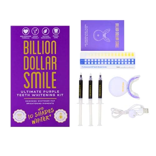 Image of Billion Dollar Smile LED Teeth Whitening Kit - Ultimate Purple Pap Peroxide Free Teeth Whitening Solution - Fast Results Up to 10 Shades Lighter (Complete Kit)