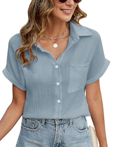 Image of PASUDA Womens Blouse Summer Casual Short Sleeve Shirts V Neck Button Down Shirts Tops Ladies Basic Loose Cotton Tunic T Shirts Top (Blue, L)