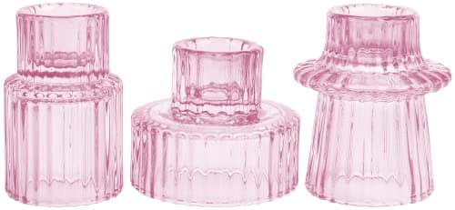 Image of HofferRuffer Candle Holders Set of 3,Glass Votive Tealight Holders for Taper/Pillar/Tealight Candles,Candlesticks for Table Centerpiece, Wedding,Birthday,Gifts(Pink)