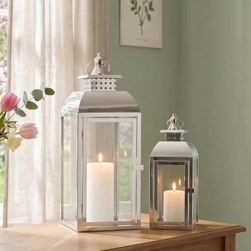Image of JHY DESIGN Stainless Steel Hanging Lanterns, 52cm&38cm High Set of 2 Pagoda Candlesticks Large Candle Holder for Indoor Party Wedding Living Room Graden Entryway Outdoor Balcony(Silver)
