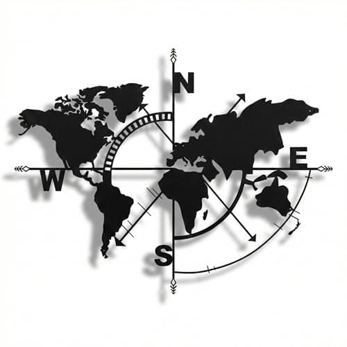 Image of DEKADRON Metal World Map Wall Art Compass, Metal Wall Decor, Home Office Living Room Decoration (Black, 117x91 cm)