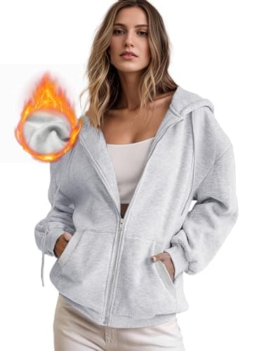 Image of IWOLLENCE Womens Zip Up Grey Hoodie Fleece Oversized Y2K Full Zipper Plain Hooded Sweatshirt Grey L