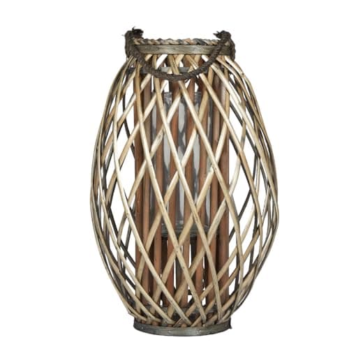 Image of Grey Wash Wicker Candle Lantern Natural Woven Willow Wicker Hurricane Candle Holder Lamp with Jute Hanging String & Glass Centre Christmas Garden Gift