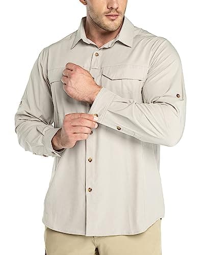 Image of Outdoor Ventures Men's Shirts Safari Shirt Roll-Up Sleeve UV Shirts Quick Dry Lightweight Hiking Shirt with Pockets for Walking Fishing Travelling Khaki XXL