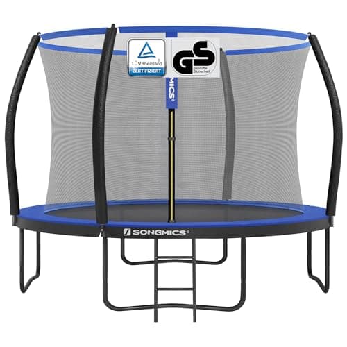 Image of SONGMICS Garden Trampoline Round Diameter 305 cm with Safety Net, Ladder and Padded Bars, Safety Cover, Outdoor Safety, Black/Blue STR10BK