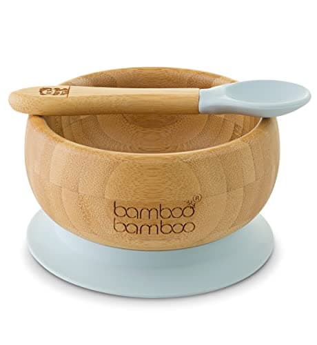 Image of bamboo bamboo Bowl and Spoon Set with Silicone Suction Ring, Toddler Bowls with Baby Spoon for Feeding and Weaning - Bowl for Babies from 6 Months (Grey)