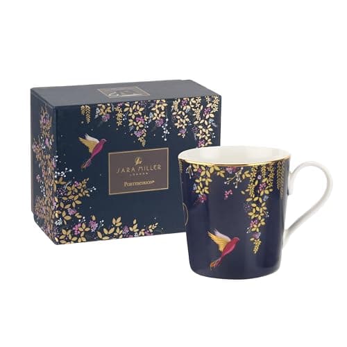 Image of Portmeirion x Sara Miller London Coffee Mug with Handle - Navy Fine China Mug from the Chelsea Collection, Elegant and Sophisticated with Gold Detailing, Hummingbird Design, 344ml