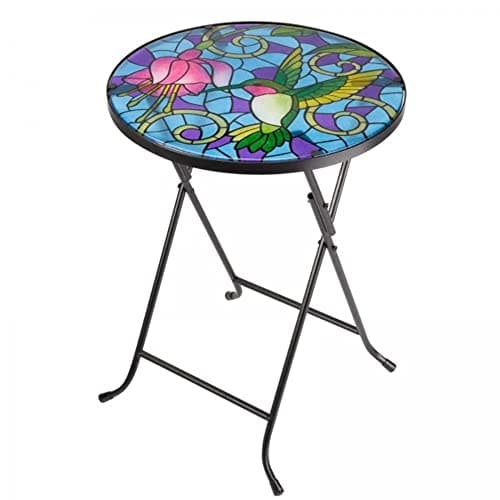 Image of Small Folding Garden Table Glass Hand Painted Hummingbird Circular Foldable Coffee Table for Living Rooms Bistro Patio Tables Glass Top Garden Tables Fold Up Indoor & Outdoor Tables
