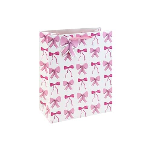 Image of Eurowrap Present Bow Medium Gift Bag with Ribbon Handles, Pink Bow Pattern Design, Matching Bow Gift Tag, Stylish Gift Bag for Mother’s Day and Birthday