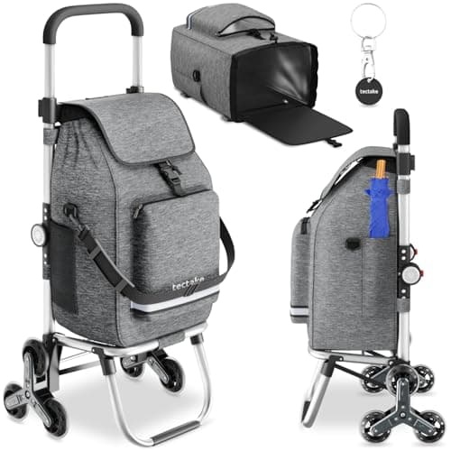 Image of tectake® 56L Shopping Trolley on Wheels with 3-in-1 Function as Grocery Trolley, Shoulder Bag & Sack Truck, Folding Shopping Cart with Aluminium Frame, Stair-Climbing Wheels & Cooler Bag - Grey