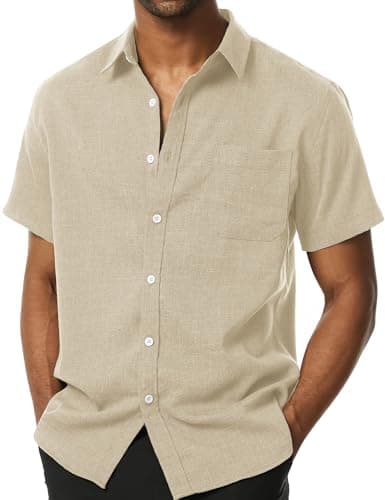 Image of PARKLEES Men's Summer Casual Cotton Linen Slim Fit Short Sleeve Shirt Vacation Fashion Button Down Shirt with Pockets Beige Small
