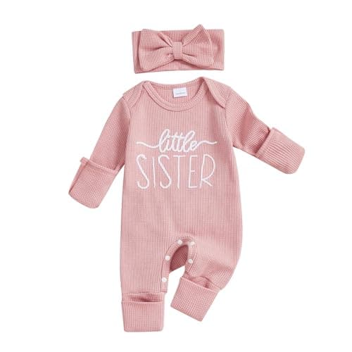 Image of Geagodelia Baby Girl Romper + Headband Little Sister Baby Grows Newborn Clothes Outfit One Piece Spring Autumn Babygrows Jumpsuit Overall (B - Pink, 0-3 Months)