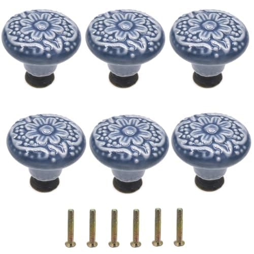 Image of Mimhooy 6Pcs Ceramic Drawer Knobs - Vintage Cabinet Pulls, Retro Dresser Decorative Flower Handles for Cupboards & Draws - Blue Furniture Pull