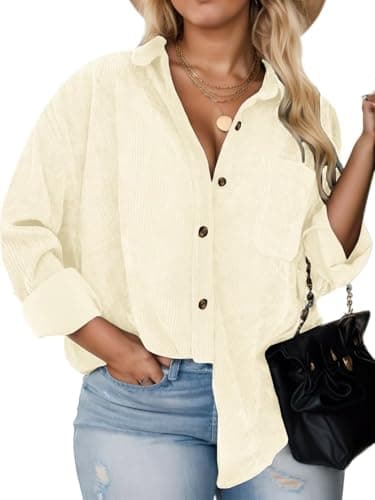 Image of Plus Size Shackets for Women Fashion Fall Outfits Corduroy Shirts with Pockets Casual Long Sleeve Button Down Blouse Tops, Beige, 4XL Plus