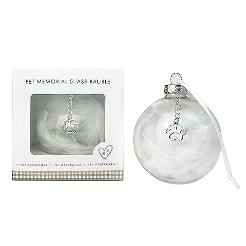 Image of Pet Memorial Feather Filled Glass Bauble with Paw Print Charm | Christmas Tree Ornament for Remembering Beloved Pets | White Feathers & Metal Paw Charm | Remembrance Gift | 7 x 7cm
