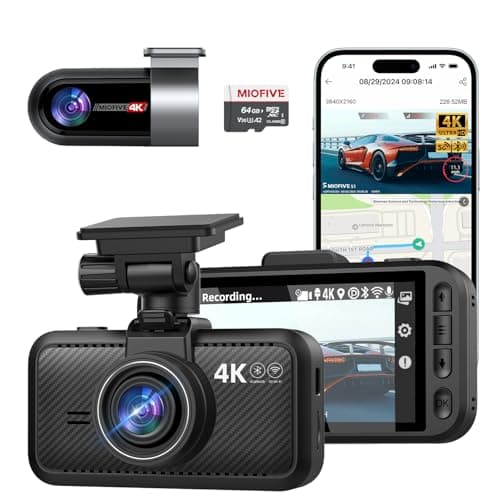 Image of Miofive 4K Dash Cam Front and Rear, 5GHz Wi-Fi & GPS Dashcam with 64GB SD Card, Dual Car Camera Dash Cam with Parking Monitor, Night Vision, HDR, G-Sensor, Loop Recording, APP Control, Max 512GB