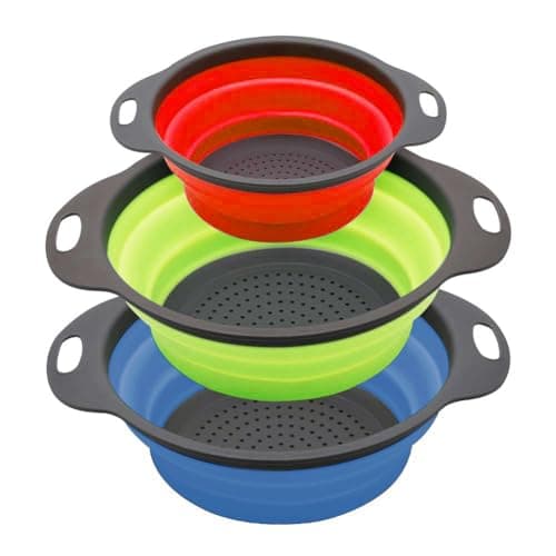 Image of Collapsible Colander/Strainer Set of 3, Silicone Kitchen Strainers with Plastic Handles, 4 Quart & 2 Quart Sink Colander, Perfect for Draining Pasta, Vegetable,Fruits