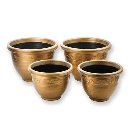 Image of Coopers of Stortford - Set of 4 Bronze Planters - Elegant Scroll Design, Weather-Resistant Plant Pots, Includes Large & Medium Flower Pots for Thriving Plants