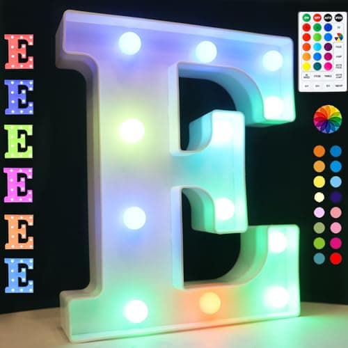 Image of Light Up Colorful LED Marquee Letter Lights, 18 Colors Changing Alphabet Letters Sign with Remote Timer for Night Light Wedding Birthday Party Lamp Christmas Home Bar Decor- Colorful E