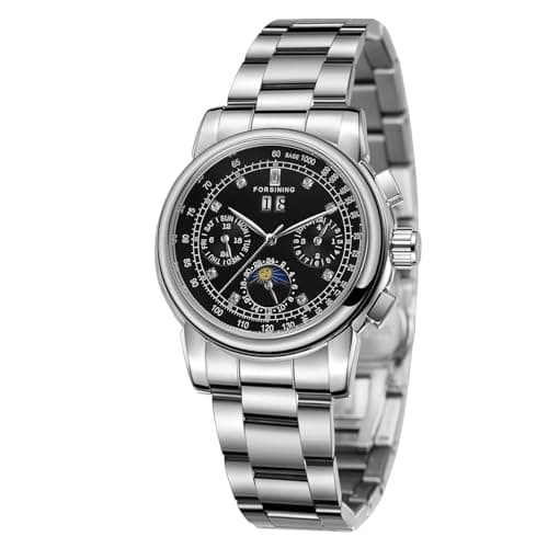 Image of FORSINING Women Automatic Watch Self Winding Calendar Retro Multi-Dial Lady Moon Phase Wrist Watch with Stainless Steel Bracelet (Black)