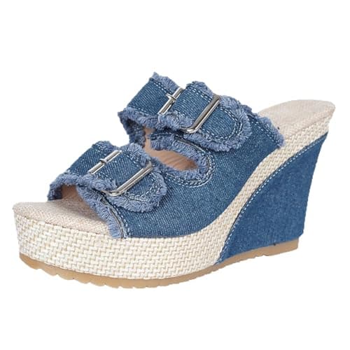 Image of Platform Wedge Sandals Women Orthopedic Open Toe Wedge Shoes High Heel Wide Width Casual Platform Espadrille Ladies Denim Summer Walking Sandals Slip on Slide Shoes