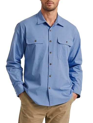 Image of Enlision Mens Long Sleeve Shirts Causal Work Shirt Hard-Wearing Cargo Dusty Blue Shacket Overshirt with Double Flap Pockets 4XL