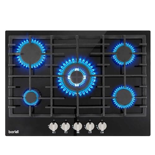 Image of Baridi 70cm Built-In Gas Hob with 5 Burners, Cast Iron Pan Supports, Wok Burner and Auto Ignition, 11kW, Black Glass - DH228