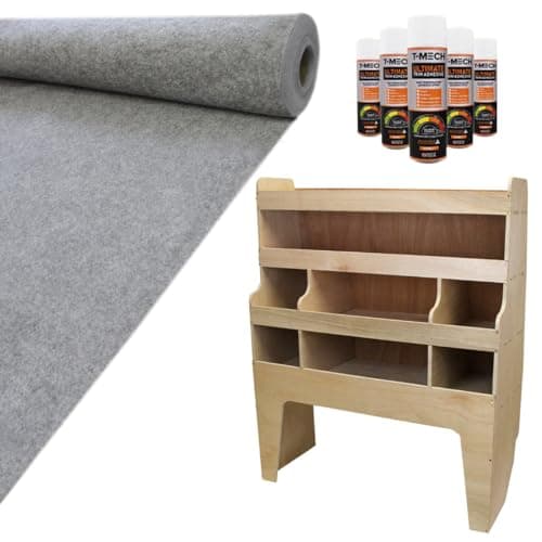 Image of Camper Van Lining Carpet 11m2 Smoke Grey 4 Way Super Stretch & VW Transporter Van Racking Plywood Tool Storage Utility Ply Toolbox Transporter Shelves Rack Unit Motorhome 5 x Adhesive Glue Cans Kit