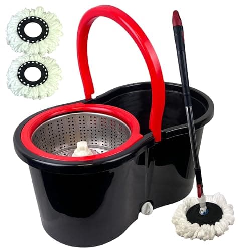 Image of Spin Mop Bucket Set with Spin 360 Wringer and 2 Microfibre Mop Pad Head Telescopic Easy Press Handle with Spin Dry Cleaning Caddy Set-Microfibre Home Cleaning Clean Floor (Black)