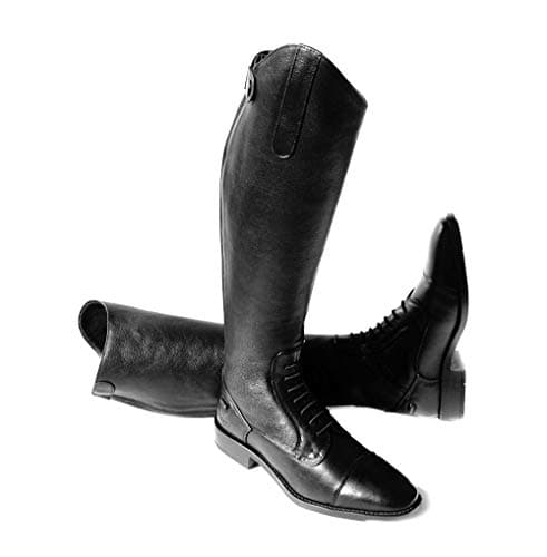 Image of Rhinegold Elite Luxus BLACK LEATHER RIDING BOOTS - Soft Feel Leather, Comfortable Fit, Elasticated Laced Front, Women's Equestrian Boots with Full Length Back Zip, Size 5, EU 38, Calf 0