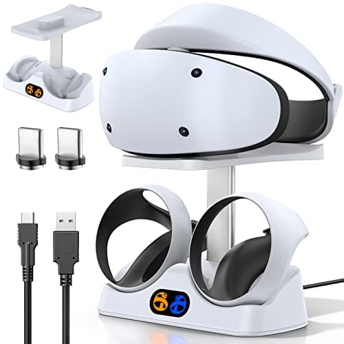 Image of Controller Charging Dock for PS5 VR2, PSVR 2 Charging Station with VR Headset Holder Display Stand, PS VR2 Controller Charger for PSVR2 Accessories with Led Indicator, 2 Magnetic Clasp & Type-C Cable