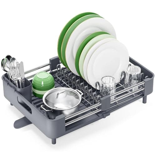 Image of KINGRACK Dish Drainer Rack - Extendable Dish Rack, Stainless Steel Dish Drainer for Kitchen Counter, Draining Board Rack with Removable Cutlery Holder, Gray