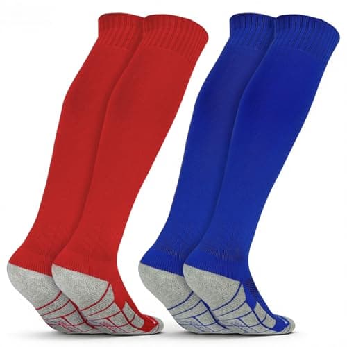 Image of DiULi 2 Pairs Football Socks Men & Kids, Over The Knee Long Sports Socks with Cushioned Sole, Moisture Wicking & Non Slip for Soccer, Rugby, Training (Red+Blue,L)