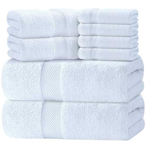Image of White Classic Luxury Bath Towel Set of 8 Pieces - 100% Turkish Cotton Highly Absorbent Towels for Bathroom, 2 Luxury Bath Towels 700GSM, 2 Hand Towels, 4 Washcloths - White