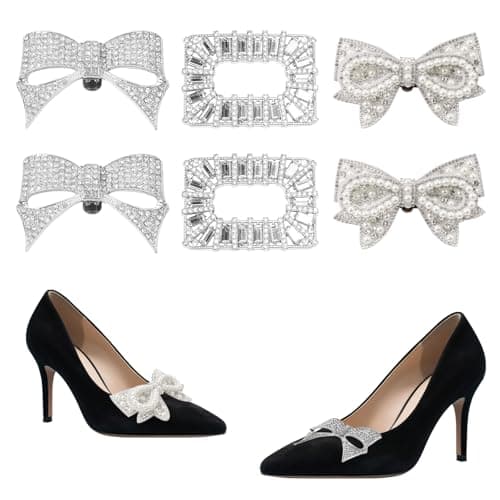 Image of Wenfubrixa 3 Pairs Rhinestone Shoe Clips, Bow Square Rhinestone Sneaker Charms, Detachable Elegant Shoe Charm for Women, Crystal Buckles for Heels Jewelry Decoration (White, Silver)