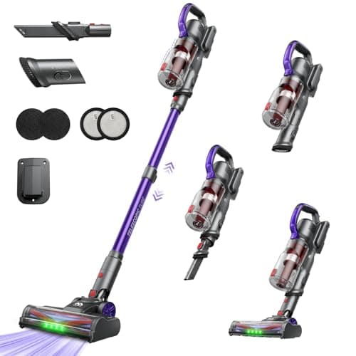 Image of Cordless Vacuum Cleaner, 45Kpa/60Mins/450W Stick Vacuum Cleaner for Home, Anti-Tangle Vacuum Cleaners with Detachable Battery & Self-Standing, Lightweight Vacuum for Floor Carpet Pet Hair Purple