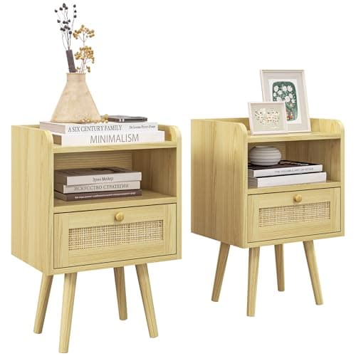 Image of HOMCOM Bedside Tables Set of 2, Boho Style Side Table Set with Drawer, Storage Compartment and Rattan Accent, Nightstand for Bedroom, 40 x 30 x 60 cm, Natural Wood Finish