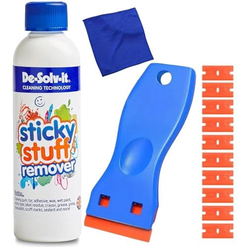 Image of De Solv It Sticky Stuff Remover Liquid 250ml – With 10 Cleaning Refills & Microfiber Cloth – Label Remover, Tar Remover, Chewing Gum, Glue, Sticker & Adhesive Remover for Multi-Surface Cleaning