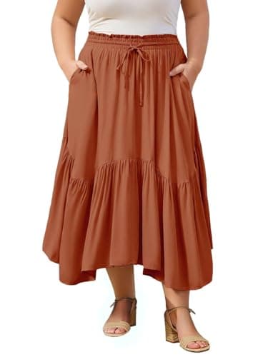 Image of Moon Wood Women's Plain Maxi Skirts Elasticated High Waist Long Skirt Boho Ladies Tiered Flowy A Line Skirts Plus Size Ruffles with Pockets Orange 5XL