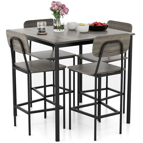 Image of COSTWAY 5 Piece Kitchen Dining Set, Counter Height Dining Table and Chair Set with Ergonomic Backrest, Footrest & Foot Pads, Metal Structure Kitchen Table Set for Dining Room Restaurant (Grey)