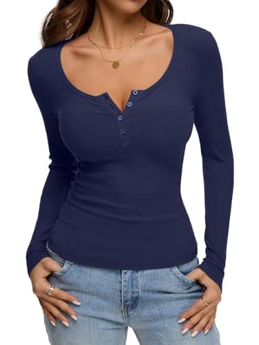 Image of REORIA Women's 2026 Fall Long Sleeve Henley T Shirts Button Ribbed Knit Slim Fit Casual Basic Tops Blouse Navy Blue Medium